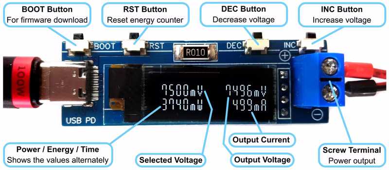 Operating diagram showing buttons and output terminals