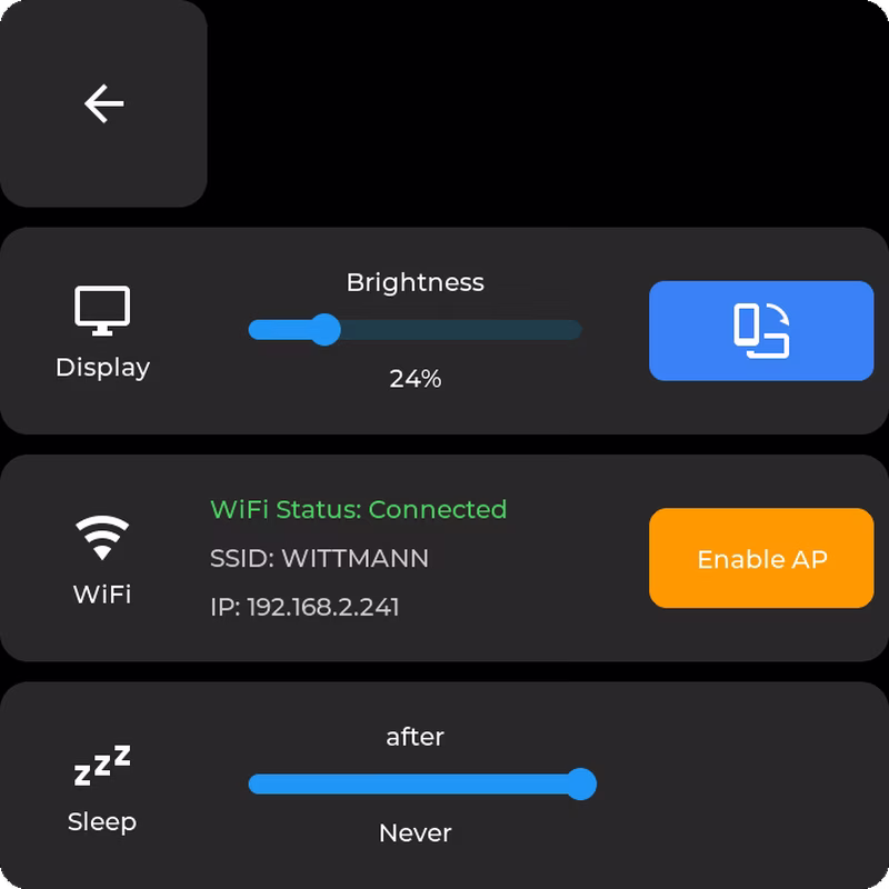 Device settings view on the display