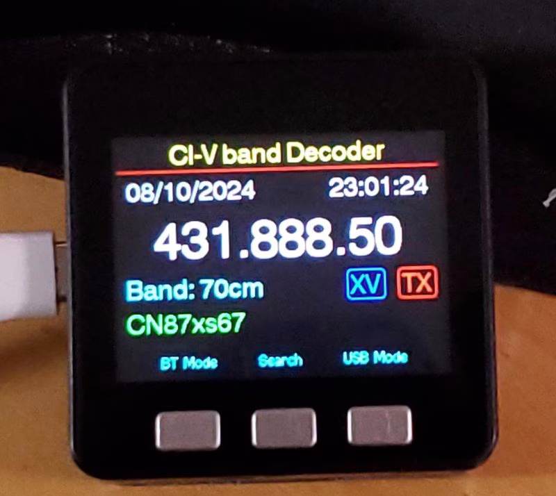 M5Stack UI showing frequency, grid square, and status icons