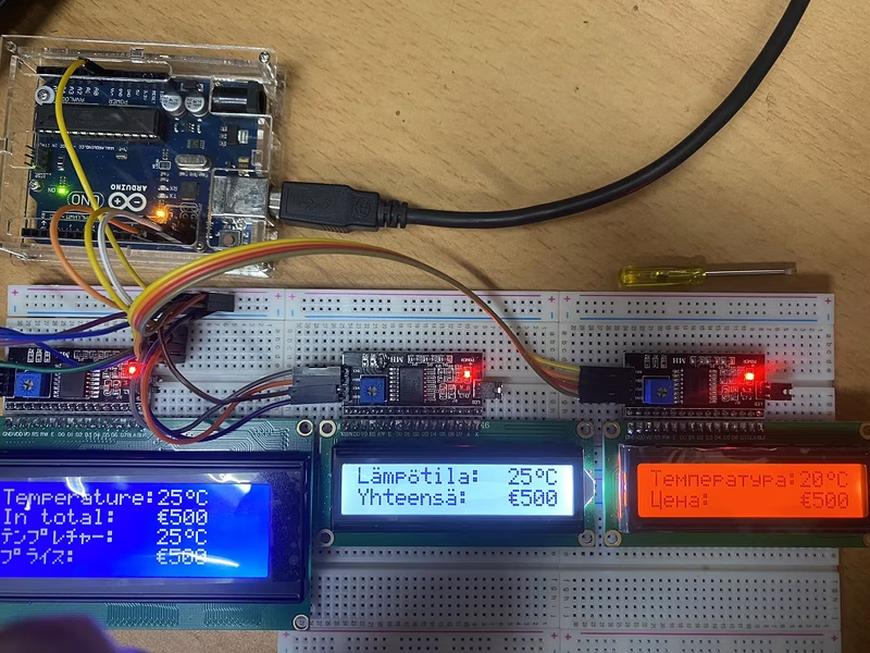 Triple I2C LCDs displaying multiple languages