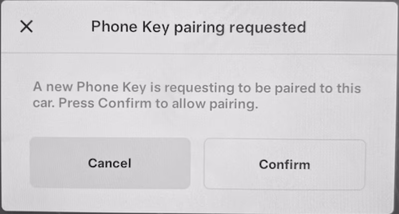 Tesla in-car display prompt for pairing a new BLE key