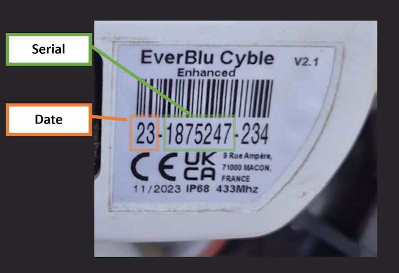 Meter label showing the serial number and manufacturing year