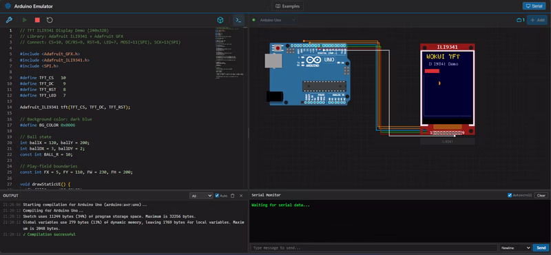 Arduino Uno driving an ILI9341 TFT display via SPI rendering graphics
