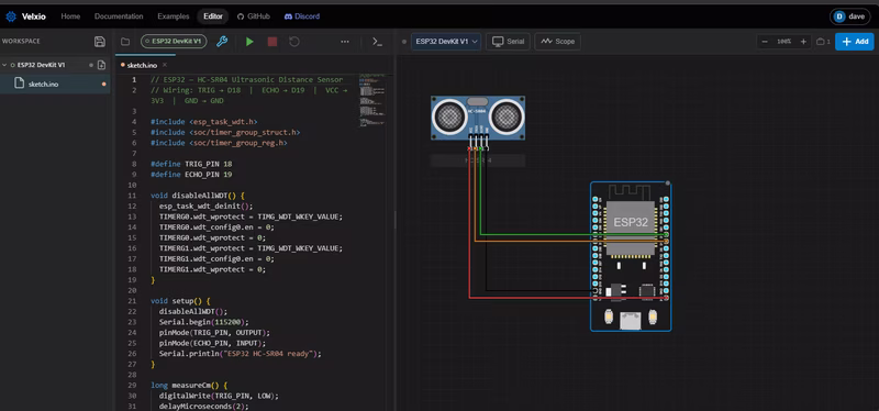 ESP32 simulation with an HC-SR04 ultrasonic distance sensor using QEMU