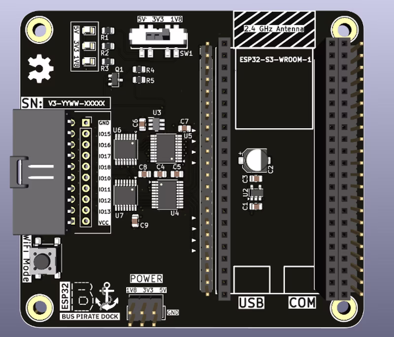 The ESP32 Bit Pirate dock board for Bus Pirate accessories