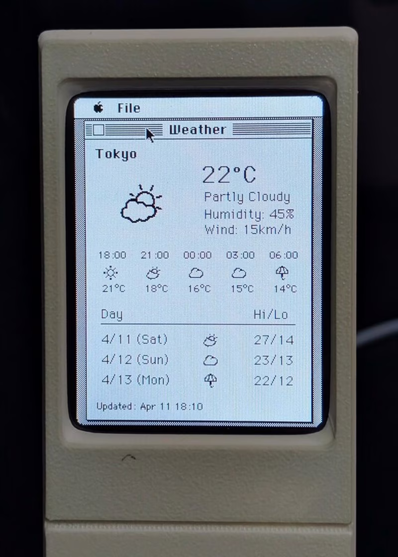 Weather application running on the Macintosh Plus emulator