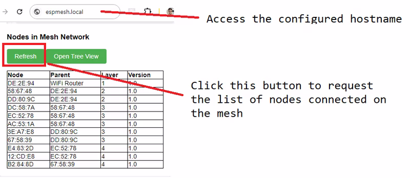 Mesh Network Node List and Status