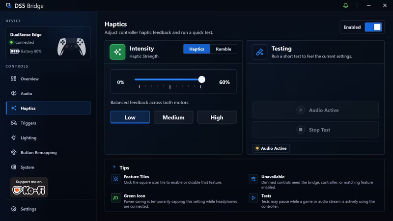Haptics and rumble controls in the DS5 Bridge companion app