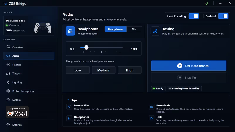 Audio controls in the DS5 Bridge companion app