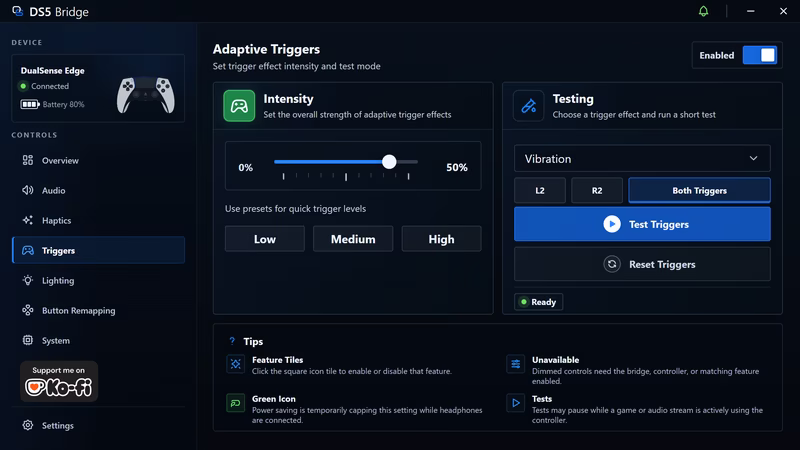 Adaptive trigger controls in the DS5 Bridge companion app