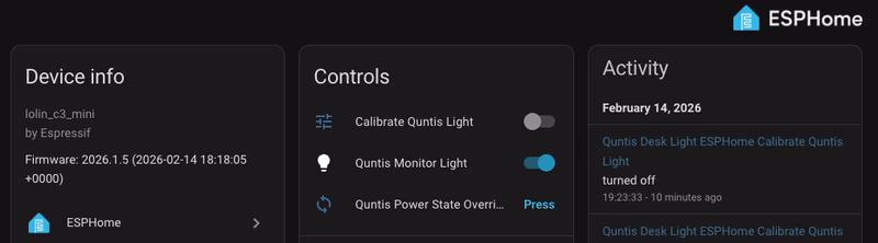 ESPHome device dashboard in Home Assistant showing control and calibration options