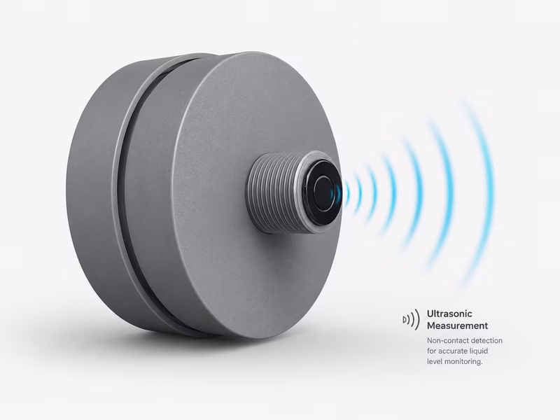 TankSync solar tank sensor — side profile with ultrasonic measurement waves visualised
