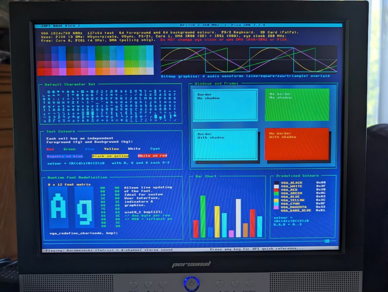 VGA showcase displaying the color palette and character set