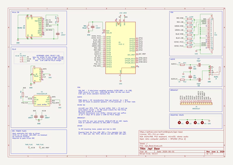 Complete Japi Base schematic for VGA, PS/2, and SD card interfaces