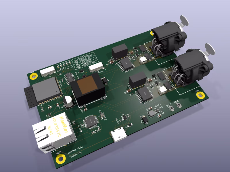 LuxDMX v5 custom PCB with ESP32-S3 and isolated DMX outputs
