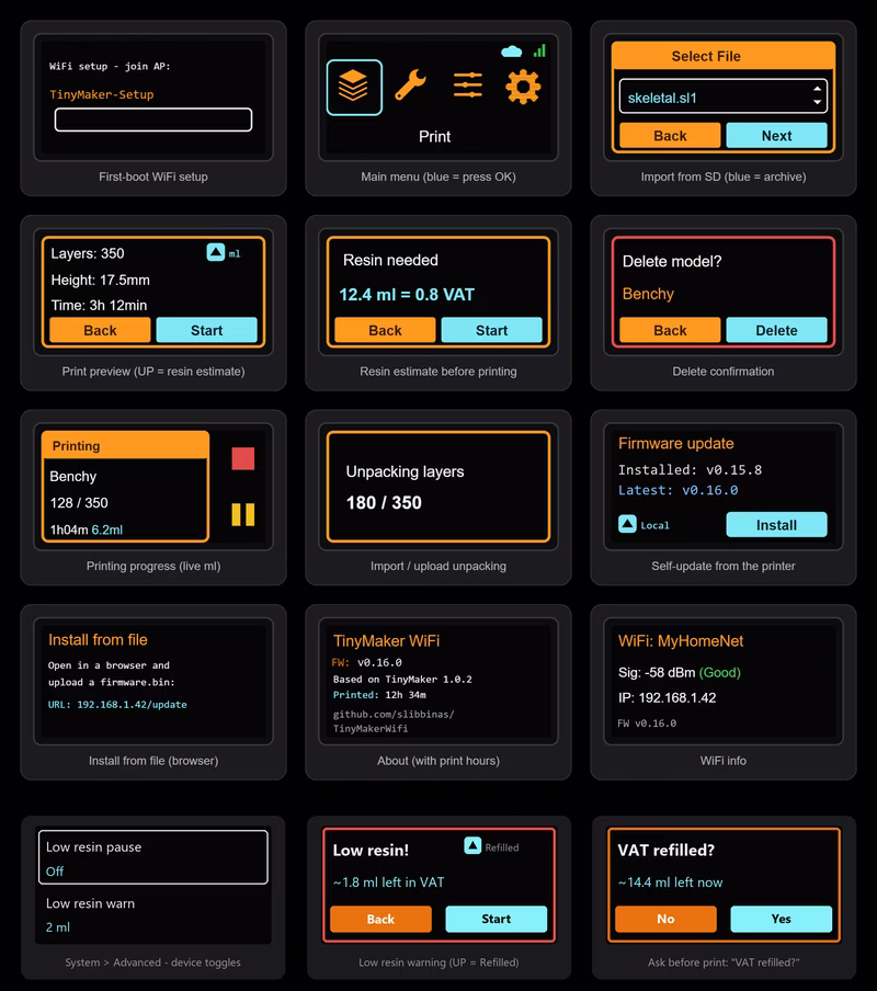 TinyMaker WiFi — printer UI screens