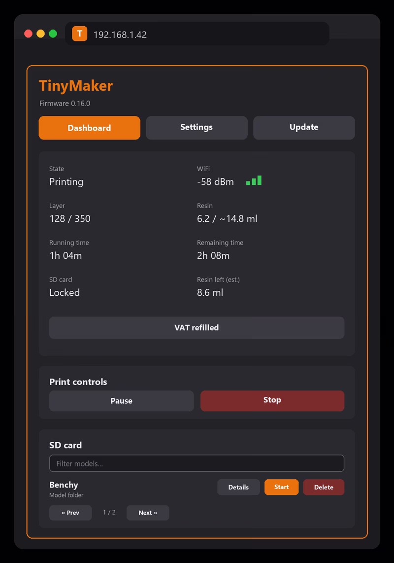 TinyMakerWiFi web dashboard: live print status, controls and SD manager