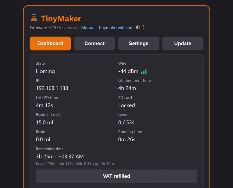 Real dashboard screenshot while printing with live 3D progress