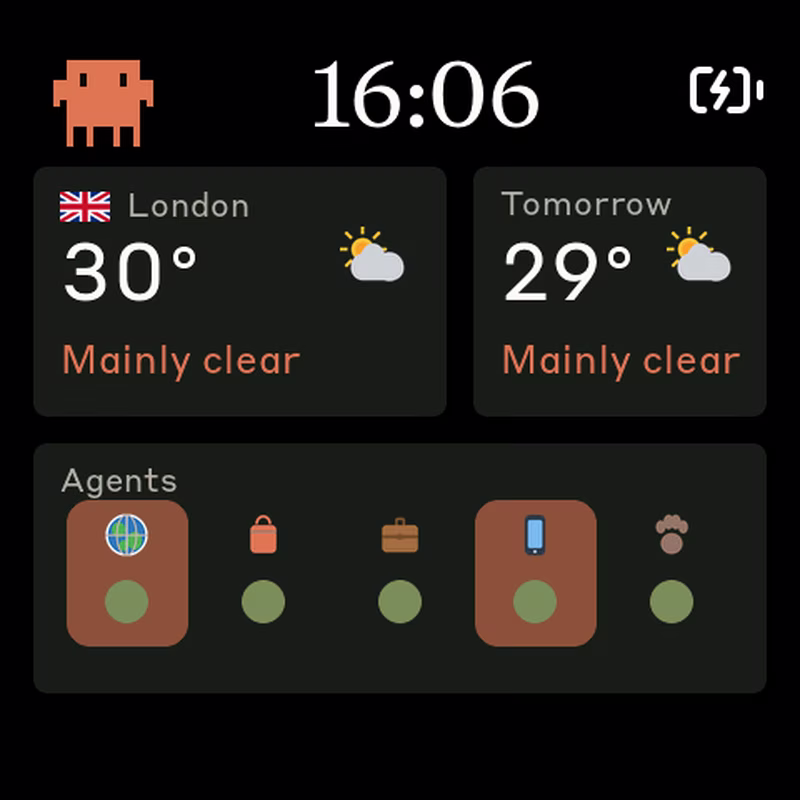 Status screen with agent health dots and weather information