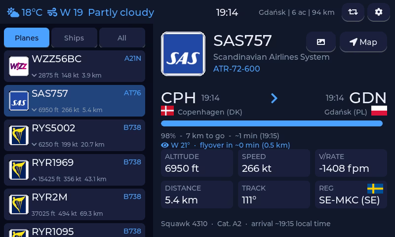 Detailed flight information view with airline logo and aircraft photo