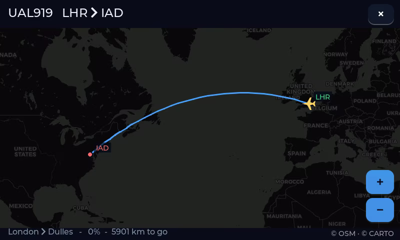 Full-screen route map showing the great-circle track